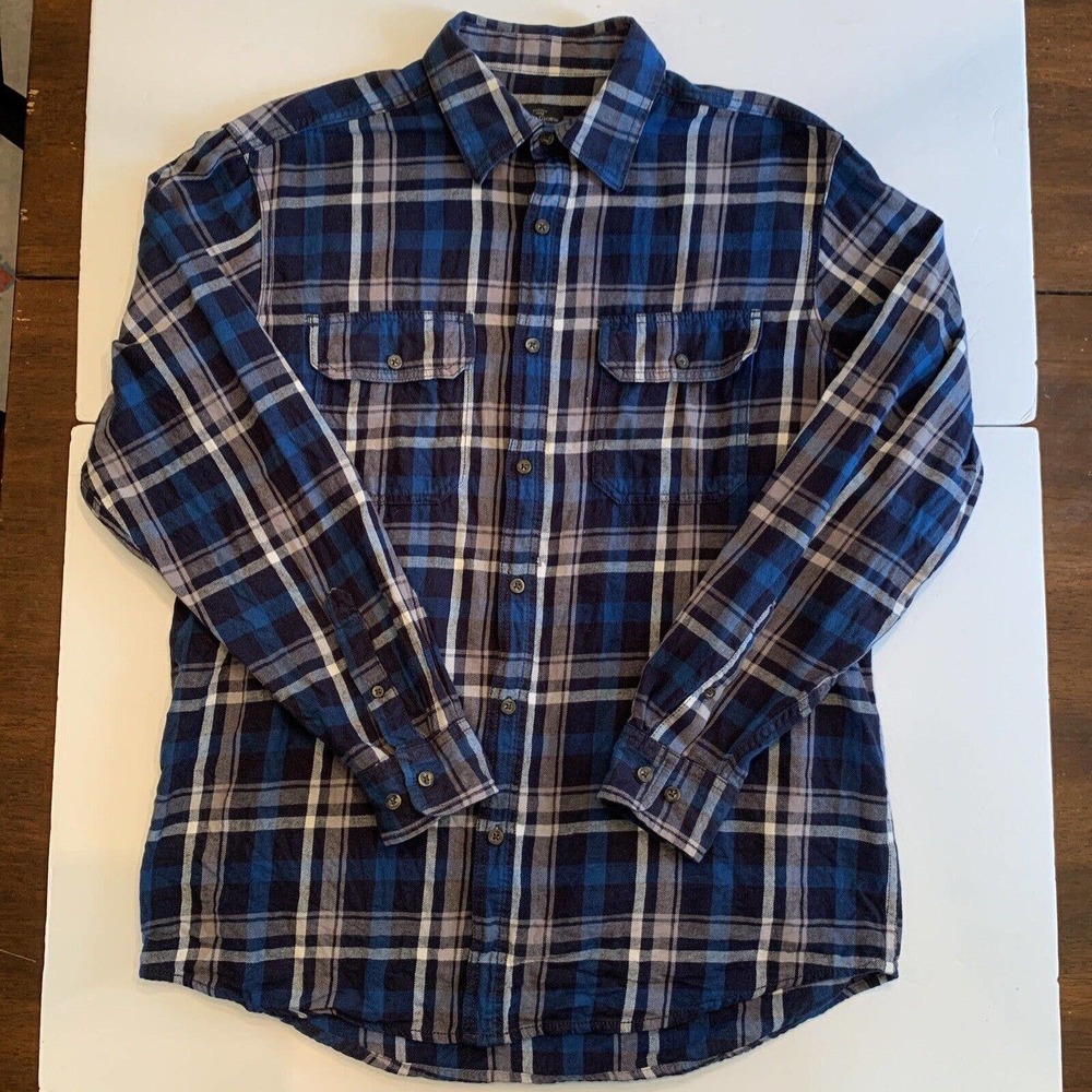 Faded Glory Flannel Shirt Mens Size Medium Blue Plaid Long Sleeve Button Front